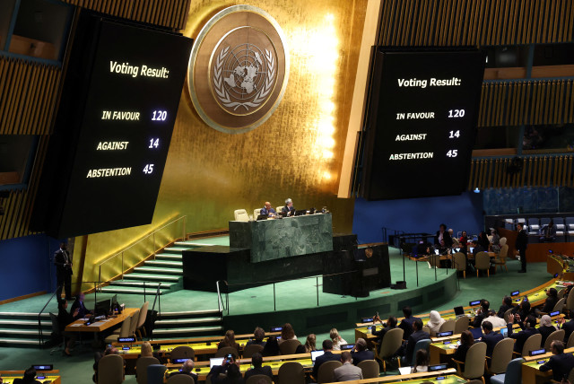 The results of a vote to adopt a draft resolution are shown on a display during an emergency special session of the UN General Assembly on the ongoing conflict between Israel and Hamas, at UN headquarters in New York City, US, October 27, 2023 (credit: Mike Segar/Reuters)