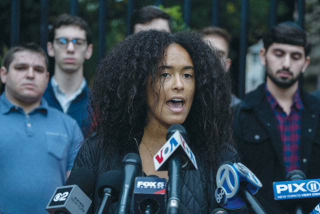  COLUMBIA UNIVERSITY student Noa Fay calls on the university’s administration to support students facing antisemitism, in New York, on Monday. (credit: JEENAH MOON/REUTERS)