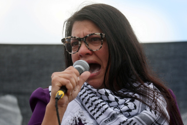  Rep. Rashida Tlaib (MI-12) addresses attendees as she takes part in a protest calling for a ceasefire in Gaza outside the U.S. Capitol, in Washington, U.S., October 18, 2023. (credit: REUTERS/LEAH MILLIS)