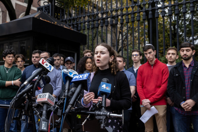  Columbia University student Jessie Brenner, class of 2026, speaks to members of the media during a press conference calling for the University's administration to support students facing antisemitism, in New York, U.S., October 30, 2023.  (credit: REUTERS/JEENAH MOON)