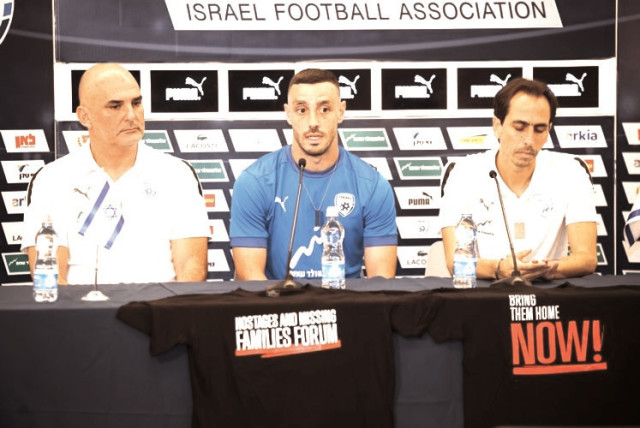  ISRAEL COACH Alon Hazan (left), midfielder Neta Lavi (middle) and Sports Director Yossi Benayoun speak ahead of the upcoming set of Group I Euro 2024 qualifiers. (credit: IFA/Courtesy)