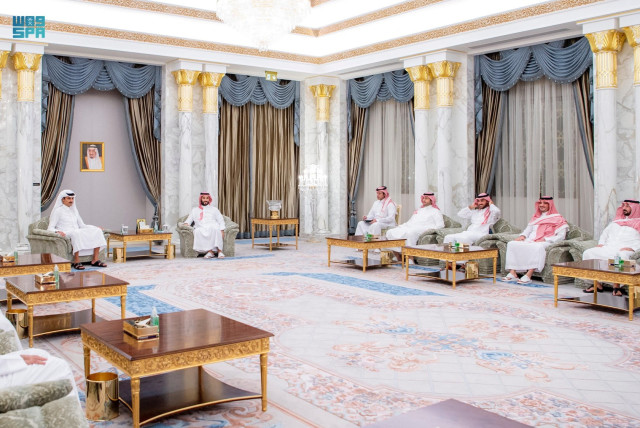  Saudi Crown Prince Mohammed bin Salman receives Qatar's Emir Sheikh Tamim bin Hamad al-Thani upon his arrival in Riyadh, Saudi Arabia, November, 10, 2023. (credit: SAUDI PRESS AGENCY/HANDOUT VIA REUTERS)