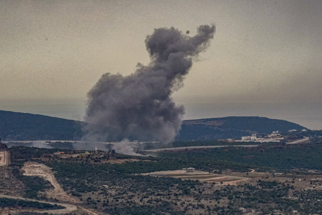  Smoke and flares during an exchange of fire between the IDF and Hezbollah terrorists on the border between Israel and Lebanon, November 12, 2023. (credit: AYAL MARGOLIN/FLASH90)