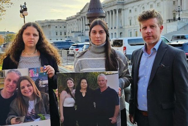  Yulie Ben Ami and Maayan Weiss, whose family members were kidnapped to Gaza on October 7, stand with the writer on Capitol Hill. (credit: NOAM BEDEIN)
