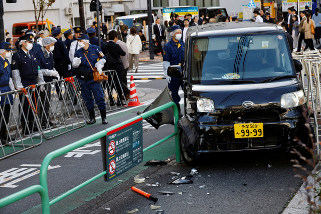 A view of the scene after a car crashed into a barricade near the Israeli embassy in Tokyo, Japan, November 16, 2023. (credit: REUTERS/KIM KYUNG-HOON)