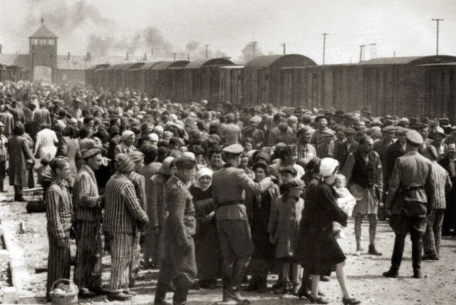  HUNGARIAN JEWS on the ‘selection’ ramp at Auschwitz II-Birkenau in occupied Poland, spring 1944. This photo is from the ‘Auschwitz Album,’ the only surviving visual evidence of the mass murder process at Auschwitz-Birkenau. (credit: YAD VASHEM/WIKIMEDIA COMMONS)