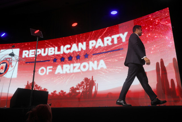 Republican candidate for Arizona Attorney General Abe Hamadeh attends the Republican Party of Arizona's 2022 U.S. midterm elections night rally in Scottsdale, Arizona, U.S., November 8, 2022. (credit: BRIAN SNYDER/REUTERS)