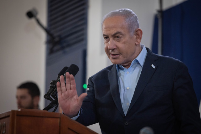  Prime Minister Benjamin Netanyahu attends a press conference at the Defense Ministry in Tel Aviv. November 22, 2023 (credit: Chaim Goldberg/Flash90)