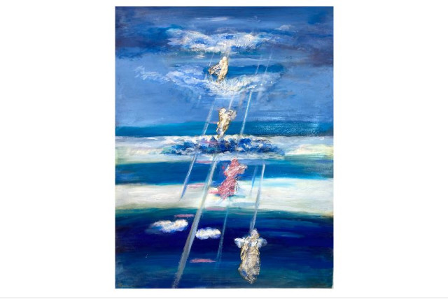  'OF LADDERS and Angels,' mixed media canvas, 136x104 cm., 2023.