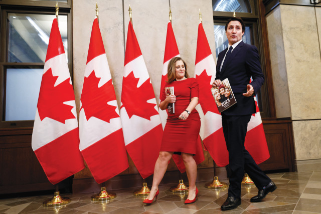  CANADIAN PRIME MINISTER Justin Trudeau and Deputy Prime Minister Chrystia Freeland in Ottawa last month. Trudeau accused Israel of the ‘killing of women, of children, of babies. This has to stop’ at a news conference in British Columbia. (credit: REUTERS/BLAIR GABLE)