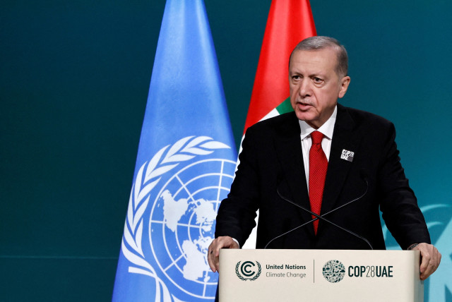  Turkish President Tayyip Erdogan delivers a national statement at the World Climate Action Summit during the United Nations Climate Change Conference (COP28) in Dubai, United Arab Emirates, December 1, 2023. (credit: REUTERS/THAIER AL-SUDANI)