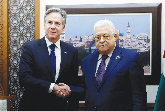  US Secretary of State Antony Blinken meets with Palestine Authority head Mahmoud Abbas in Ramallah last month. (credit: JONATHAN ERNST/REUTERS)