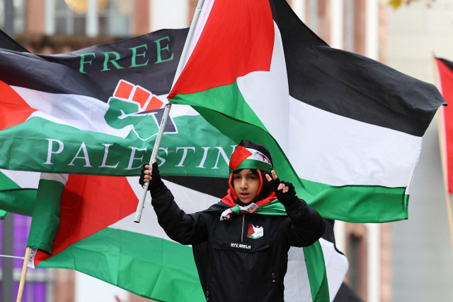  A boy holds a Palestinian flag at a demonstration in support of Palestinians in Gaza, during a temporary truce between Palestinian Islamist group Hamas and Israel, in Frankfurt, Germany, November 25, 2023 (credit: REUTERS/KAI PFAFFENBACH)