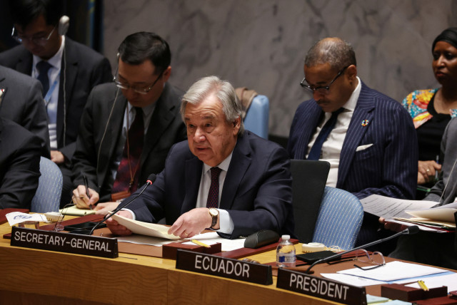 UN Secretary-General Antonio Guterres speaks during a UN Security Council meeting about his invoking Article 99 of the UN charter to address the humanitarian crisis in the midst of conflict between Israel and Hamas at the UN headquarters in New York City, U.S., December 8, 2023. (credit: REUTERS/SHANNON STAPLETON)