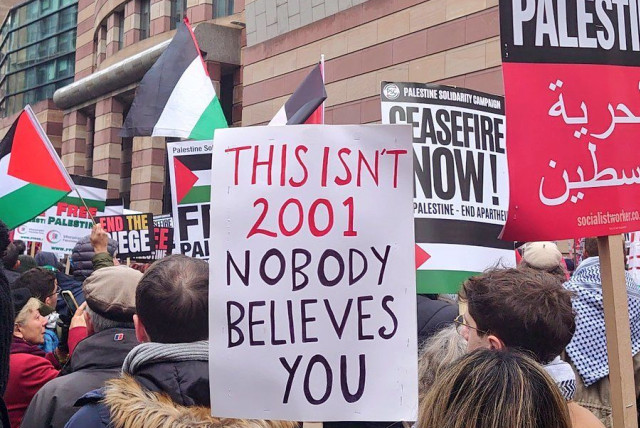 A sign at a London pro-Palestinian march, December 9, 2023. (credit: @_Jacker_)