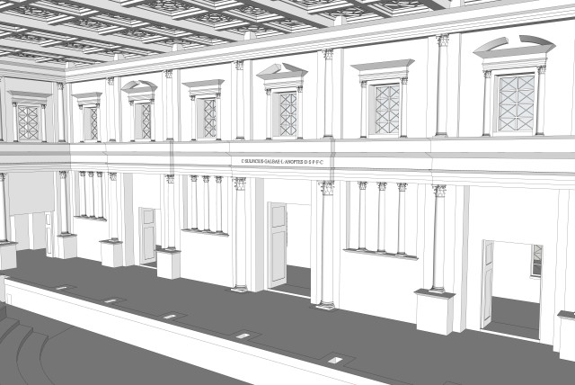  An artist's impression of the interior of the Interamna Lirenas theatre from the seating area, showing the scaena, the facade of the stage. (credit: Alessandro Launaro)