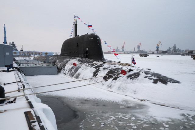  The nuclear-powered submarine Krasnoyarsk is seen during a flag-raising ceremony at the naval base in the northern city of Severodvinsk, Russia, December 11, 2023 (credit: Sputnik/Kirill Iodas/Pool via REUTERS)