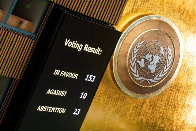  A screen shows the voting results during the meeting of the United Nations General Assembly on ceasefire resolution in Gaza, in New York City, US, December 12, 2023 (credit: REUTERS/EDUARDO MUNOZ)