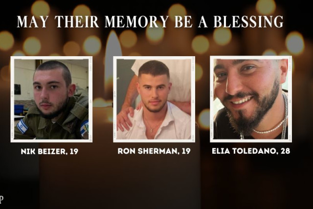  Israeli hostages Nik Beizer, Ron Sherman, Elia Toledano, whose bodies were brought back to Israel, December 15, 2023 (credit: JERUSALEM POST)