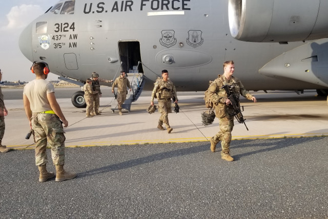  US Army paratroopers from the 82nd Airborne Division arrive at Ali Al Salem Air Base, Kuwait, January 2, 2020. (credit: US Army/Staff Sgt. Robert Waters/Handout via REUTERS)