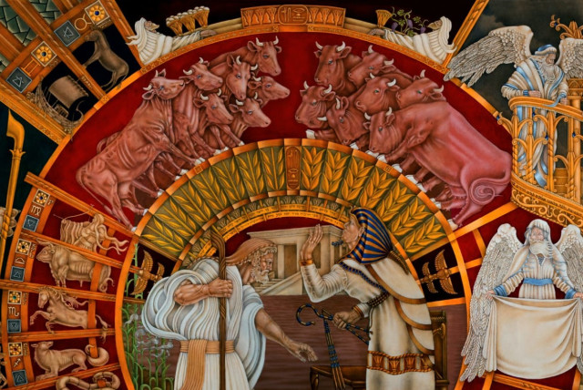  One of Mauricio Avayu's 40 murals depicting key moments in the Torah is displayed at the Jeffrey D. Schwartz & Na Tang Jewish Taiwan Cultural Association center in Taipei. (credit: AVAYU/JTA)