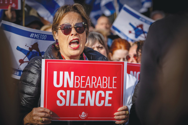 A protest against the sexual violence committed in the October 7 massacre and the international silence takes place outside the UN headquarters in New York City earlier this month. (credit: YAKOV BINYAMIN/FLASH 90)