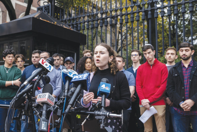  Columbia University student Jessie Brenner speaks at a news conference in October, calling on the university's administration to support students facing antisemitism. (credit: JEENAH MOON/REUTERS)