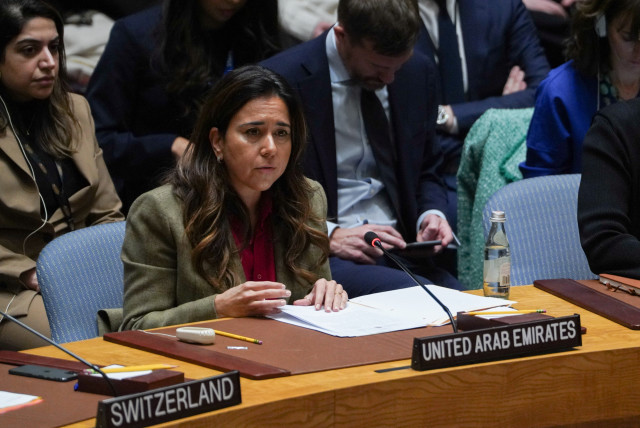  The United Arab Emirates Ambassador to the United Nations Lana Zaki Nusseibeh speaks on the day of a vote of the United Nations Security Council on a proposal to demand that Israel and Hamas allow aid access to the Gaza Strip. (credit: David Dee Delgado/Reuters)