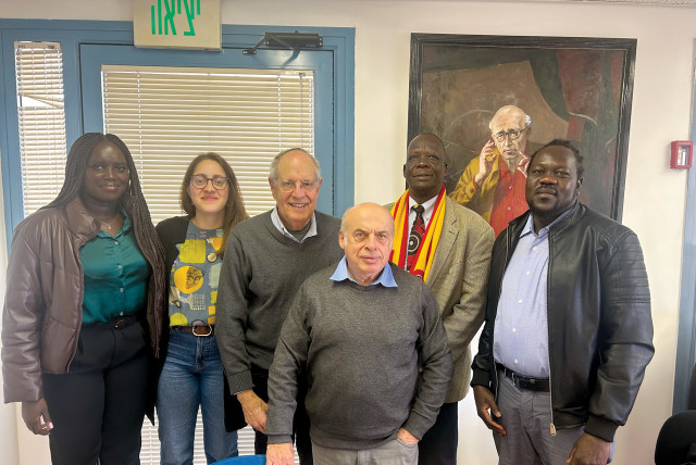  FROM LEFT: Naka Petia, a South Sudanese living in Israel, a staff member, Charles Jacobs, Natan Sharansky (center), Simon Deng, and the head of the South Sudanese Community in Israel, Abraham Joseph (credit: Simon Deng)