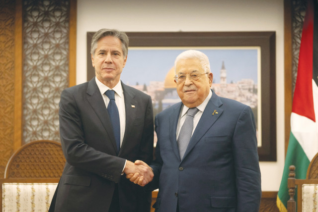  PALESTINIAN AUTHORITY head Mahmoud Abbas meets with US Secretary of State Antony Blinken in Ramallah last month. The PA is ill-suited to take over responsibility for the Gaza Strip, says the writer. (credit: NASSER NASSER/REUTERS)