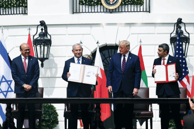  THE ABRAHAM ACCORDS signing ceremony at the White House in September 2020: It was an erroneous perception that peace agreements and normalization with our Arab neighbors could be achieved without paying any political price to our Palestinian neighbors, says the writer. (credit: Avi Ohayon/GPO)