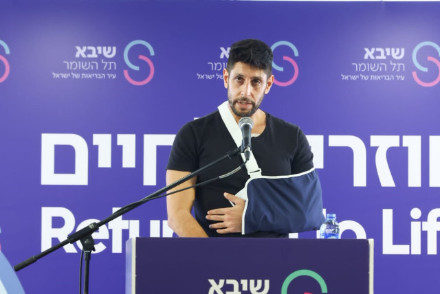  Idan Amedi speaks at Sheba Tel HaShomer medical center in his first public appearance since being injured in the Gaza Strip, January 25, 2024 (credit: ERAN LAM)