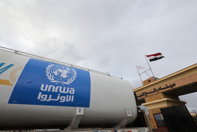  UNRWA truck crosses into Egypt from Gaza at Rafah border crossing, November 27, 2023 (credit: REUTERS/AMR ABDALLAH DALSH)