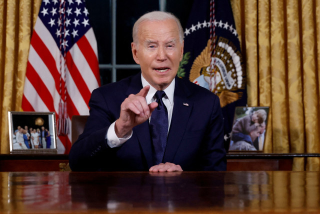  US President Joe Biden delivers a prime-time address to the nation about his approaches to the conflict between Israel and Hamas, Oval Office of the White House in Washington, US, October 19, 2023. (credit: REUTERS/JONATHAN ERNST)