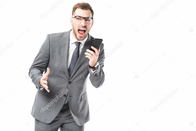  Angry adult businessman shouting at smartphone and looking at camera isolated on white (credit: EdZbarzhyvetsky)