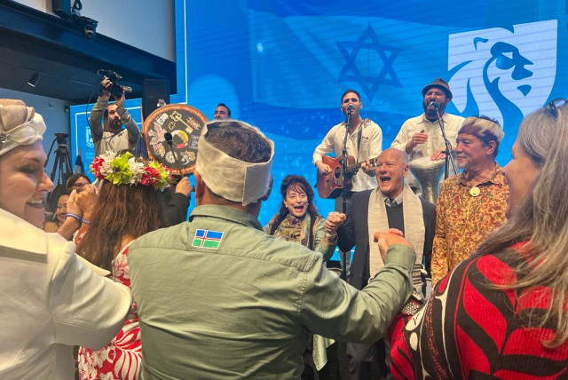  Indigenous people celebrate the opening of their new embassy at the Friends of Zion Museum in Jerusalem. (credit: MAAYAN JAFFE-HOFFMAN)