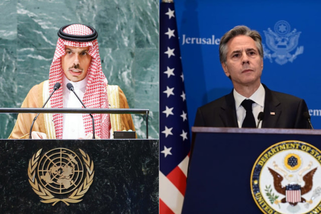  SAUDI FOREIGN Minister Prince Faisal bin Farhan Al Saud and United States Secretary of State Antony Blinken (credit: Eduardo Munoz/Reuters, TOMER NEUBERG/FLASH90)