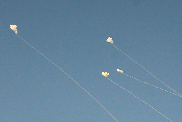  An Israeli anti missile system intercept rockets fired from Lebanon as it seen from the Israeli side of the border, on November 7, 2023. (credit: AYAL MARGOLIN/FLASH90)