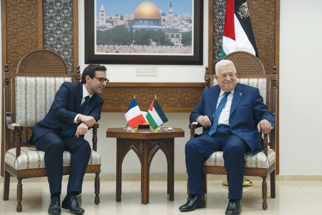  PA HEAD Mahmoud Abbas meets with French Foreign Minister Stephane Sejourne in Ramallah, this week. Last month, Abbas marked the 19th anniversary of his four-year term in office, the writer notes. (credit: NASSER NASSER/REUTERS)