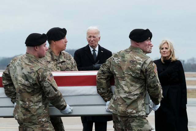  U.S. President Joe Biden attends the dignified transfer of the remains of Army Reserve Sergeants William Rivers, Kennedy Sanders and Breonna Moffett, three U.S. service members who were killed in Jordan during a drone attack carried out by Iran-backed militants, February 2, 2024 (credit: REUTERS/Michael A. McCoy)