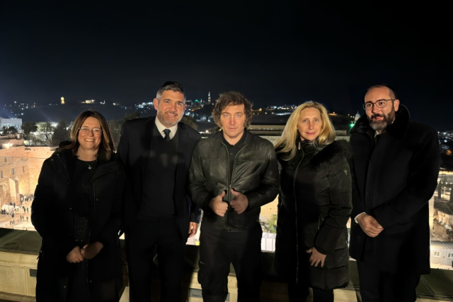  From left - Patricia Klor, Rabi Zvi Klor, President Javier Milei, Karina Milei, Rabbi Axel Wahnish on the rooftop of the Aish World Center, February 9, 2024. (credit: Courtesy of Aish)