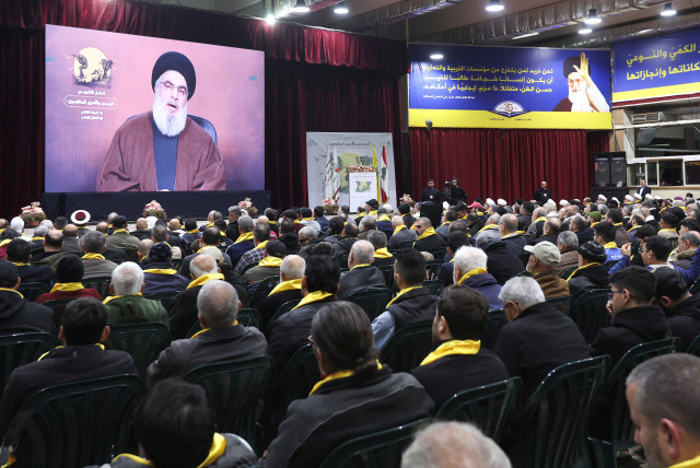  Lebanon's Hezbollah leader Hassan Nasrallah addresses his supporters in Beirut, Lebanon, February 13, 2024 (credit: REUTERS/AZIZ TAHER)