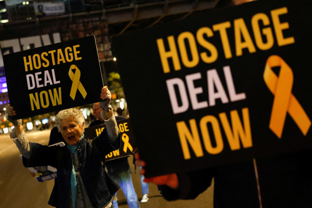  Relatives and supporters of hostages take part in a protest calling for their release, in Tel Aviv (credit: REUTERS/SUSANA VERA)