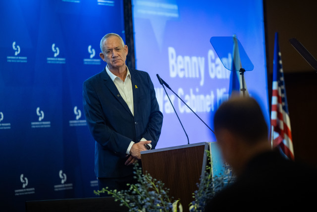  Benny Gantz speaks at the Conference of Presidents of Major American Jewish Organizations in Jerusalem, on February 18, 2024 (credit: YONATAN SINDEL/FLASH90)