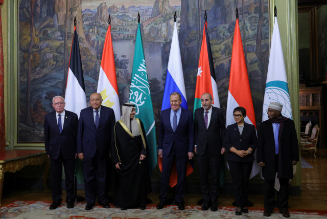  Russian Foreign Minister Sergei Lavrov poses for a group photo with foreign ministers from members of the Arab League and the Organisation of Islamic Cooperation, amid the ongoing conflict between Israel and the Palestinian Islamist group Hamas, in Moscow, Russia November 21, 2023. Also pictured: P (credit: EVGENIA NOVOZHENINA/REUTERS)