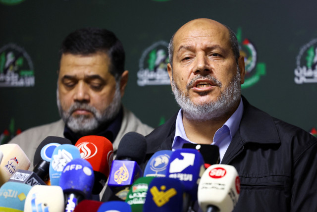  Hamas officials, Khalil Al-Hayya and Osama Hamdan, attend a press conference in Beirut, Lebanon, November 21, 2023. (credit: REUTERS/ESA ALEXANDER)