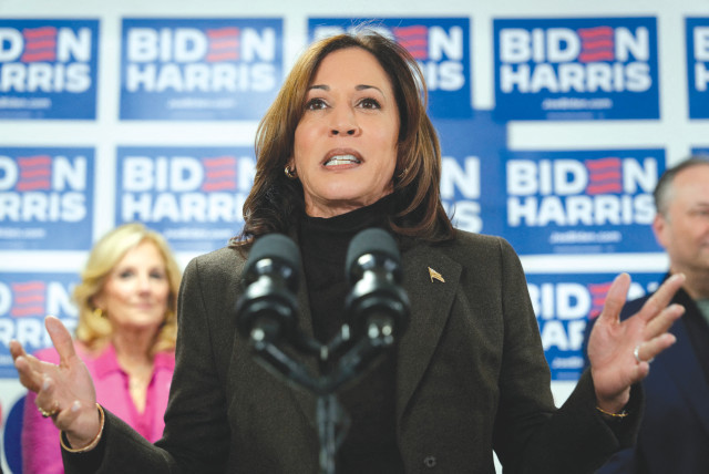  VICE PRESIDENT Kamala Harris speaks during the opening of the Biden for President campaign office in Wilmington, Delaware, this month. She and the president have been met by pro-Palestinian and anti-Israel demonstrations wherever they go, says the writer. (credit: JOSHUA ROBERTS/REUTERS)