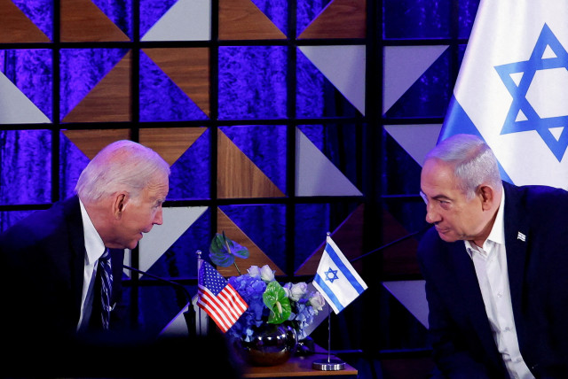  U.S. President Joe Biden attends a meeting with Israeli Prime Minister Benjamin Netanyahu, as he visits Israel amid the ongoing conflict between Israel and Hamas, in Tel Aviv, Israel, October 18, 2023.  (credit: EVELYN HOCKSTEIN/REUTERS)