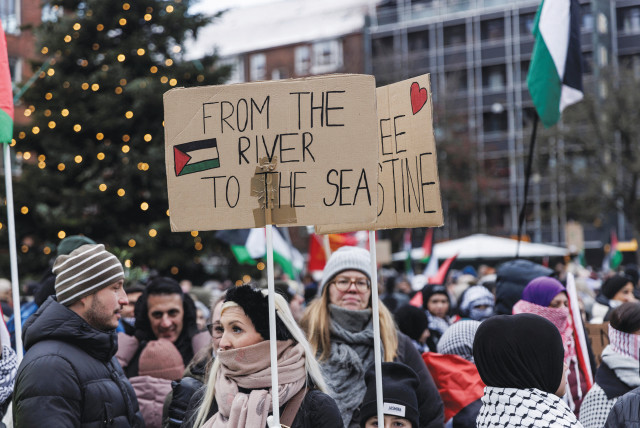  A PROTEST organized by Palestinian solidarity groups and activists takes place in Copenhagen last month. The genocidal calls of ‘from the river to the sea, Palestine will be free’ are accompanied by massively financed and marketed Palestinian paraphernalia, scarves, flags, and posters. (credit: Ritzau Scanpix/Reuters)