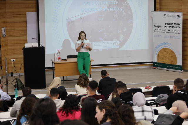  Dr. Manal Totry Jubran, academic head of the High School Program for Leadership and Law at Bar Ilan University, speaking to participating students (credit: YONI REIF)